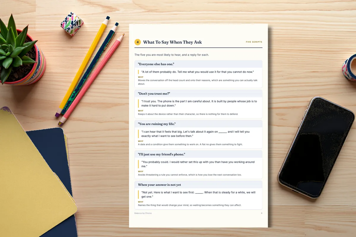The “What To Say When They Ask” page from the free Before the First Phone kit, on a desk.