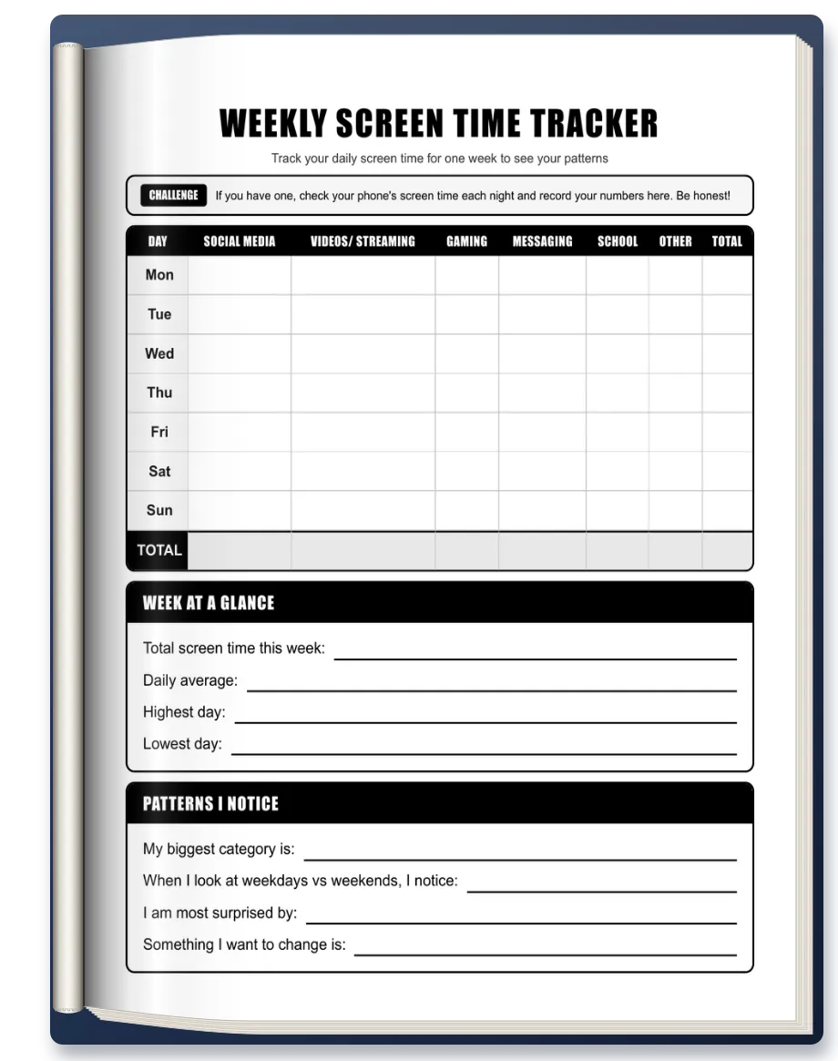 A page from the workbook: A day of their own screen time, written down by them.